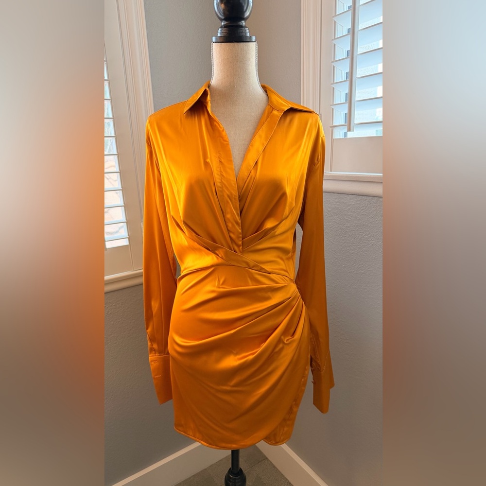 Luxxel Satin Wrap-Front Long Sleeve Dress in Amber